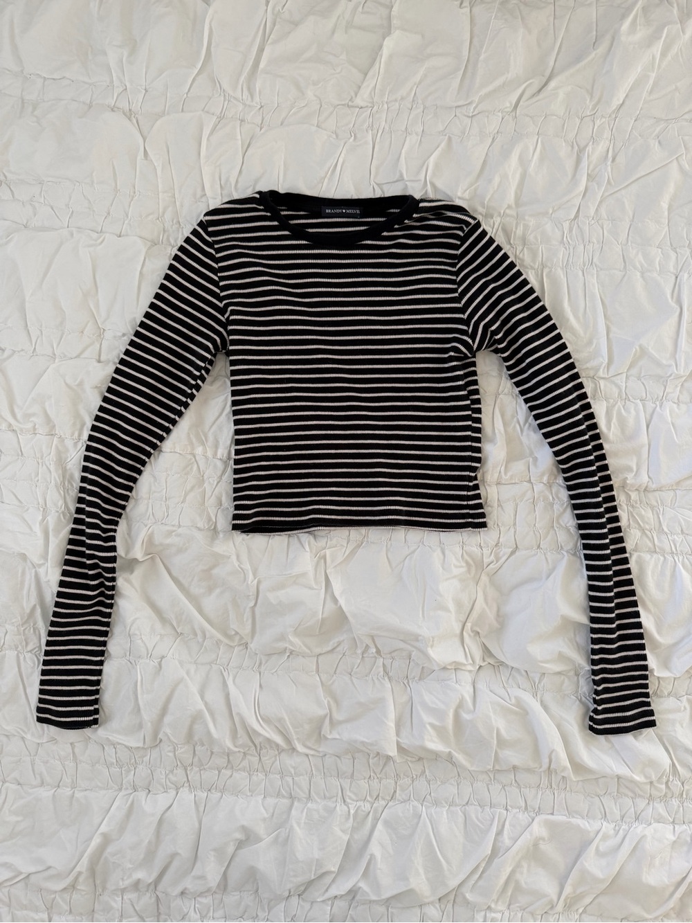 Brandy Melville Black & White Striped Ribbed Long-Sleeve Crop Top